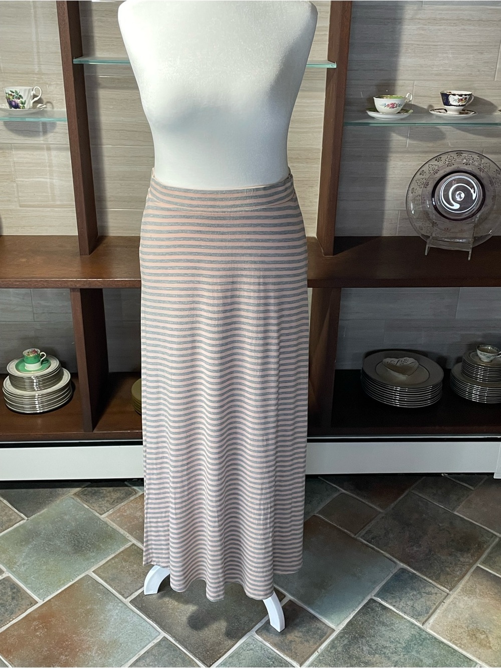 Salmon and Gray Striped Maxi Skirt - Long Back Slit - Sz M - New York & Company